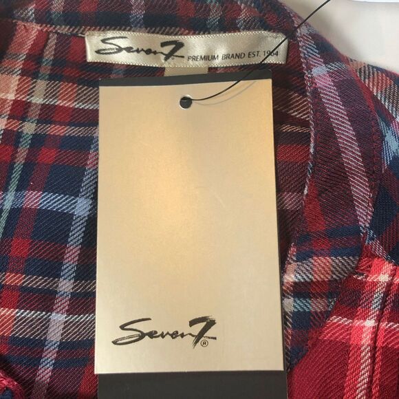 Seven7 Maroon Plaid Peasant Tie Neck Button Top SM - Picture 8 of 8
